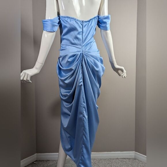Pretty Little thing Blue Satin Draped Bardot Midi Dress 6 NWT - Picture 6 of 13